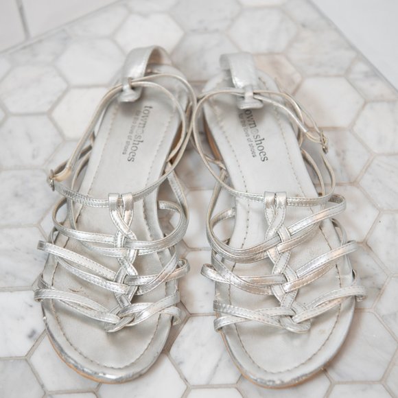 Silver strappy flat sandals sz7 - Picture 1 of 3